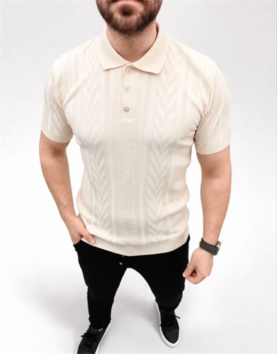 Erkek Yazlık Triko Tişört Kısa Kol Polo Yaka Düğmeli T-Shirt - Krem