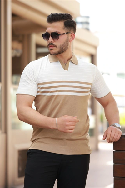 Erkek çizgi Desenli Yakalı Kısa Kollu T-shirt