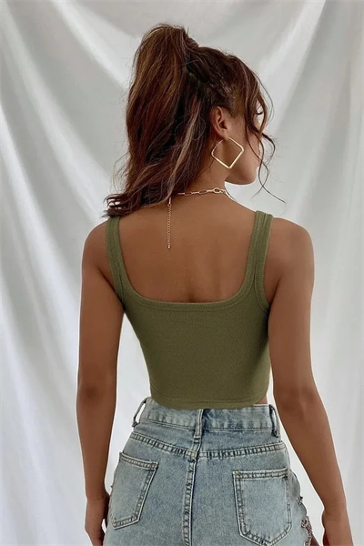 Fitilli Kalın Askılı Pamuklu Örme Crop Bej