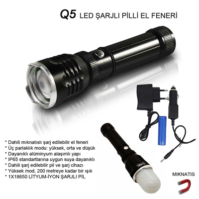 Flaşörlü Uzun Mesafeli Şarjlı Pilli Mıknatıslı EL Feneri Wt-282
