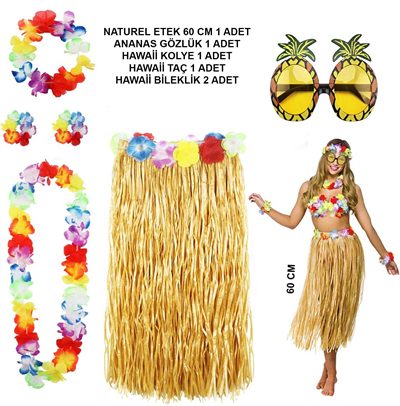 Hawaii Parti Kostüm Seti - 60 cm Hasır Etek, Çiçekli Aksesuarlar ve Ananas Gözlük