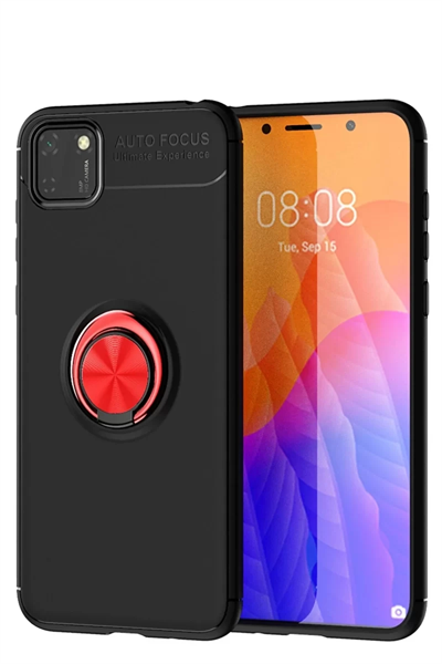 Huawei Y5P Kılıf Range Yüzüklü Silikon - Siyah-Kırmızı