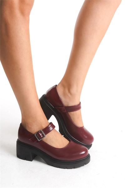 K-708 Bordo Kırışık Rugan Tokalı Yüksek Tabanlı Loafer Ayakkabı