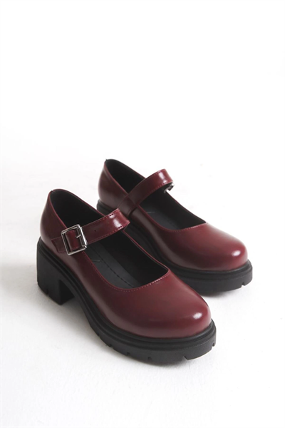 K-708 Bordo Kırışık Rugan Tokalı Yüksek Tabanlı Loafer Ayakkabı
