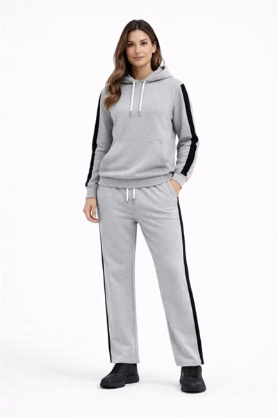 KADIN Yandan Şeritli Eşofman Takım Kapüşonlu Sweatshirt Boru Paça Alt, Oversize 3 Iplik Pamuklu - Gri