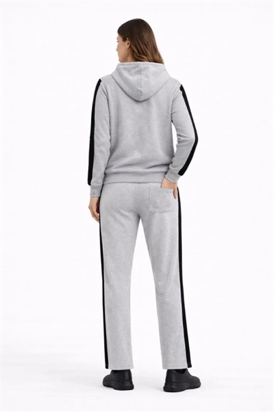KADIN Yandan Şeritli Eşofman Takım Kapüşonlu Sweatshirt Boru Paça Alt, Oversize 3 Iplik Pamuklu - Gri
