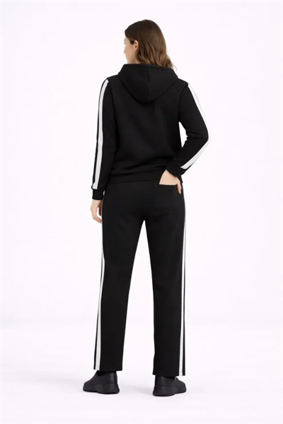KADIN Yandan Şeritli Eşofman Takım Kapüşonlu Sweatshirt Boru Paça Alt, Oversize 3 Iplik Pamuklu - Siyah
