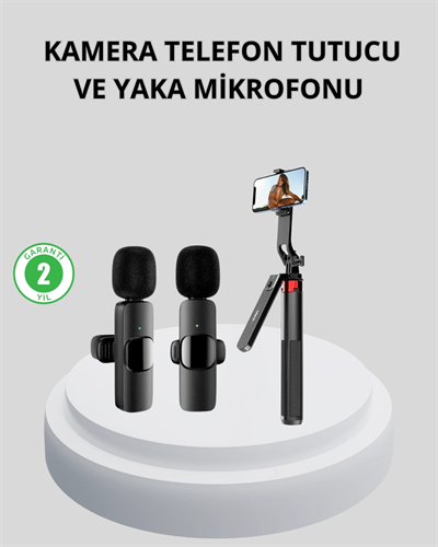 Kablosuz Çift Yaka Mikrofonu ve Tripodlu Selfie Çubuğu İçerik Üretici Seti