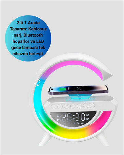 Kablosuz Şarjlı LED Masa Lambası Çalar Saat ve Beyaz Gürültü Özellikli