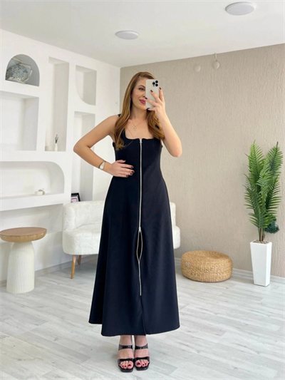 Kadın Askılı Kare Yaka önden Fermuarlı Geniş Kesim Janjan Krep Elbise