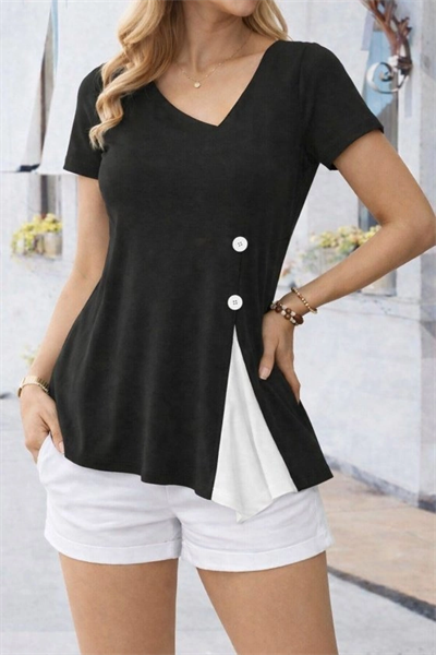 Kadın Kısa Kollu Asimetrik V Yakalı Düğme Detaylı Viskon Bluz