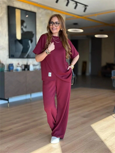 Kadın Kısa Kollu Bisiklet Yaka Asimetrik Viskon Iki Iplik Bluz Ve Pantolon Ikili Takım