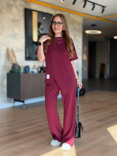 Kadın Kısa Kollu Bisiklet Yaka Asimetrik Viskon Iki Iplik Bluz Ve Pantolon Ikili Takım