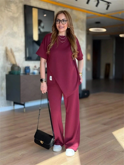 Kadın Kısa Kollu Bisiklet Yaka Asimetrik Viskon Iki Iplik Bluz Ve Pantolon Ikili Takım