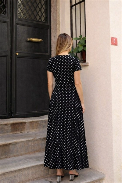 Kadın Kısa Kollu Bisiklet Yaka Puantiyeli Maksi örme Krep Elbise
