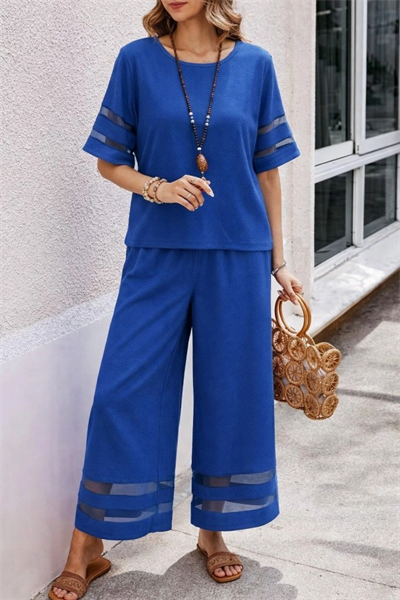 Kadın Kısa Kollu Bisiklet Yakalı Tül şerit Detaylı Bluz Ve Pantolon Ikili Takım