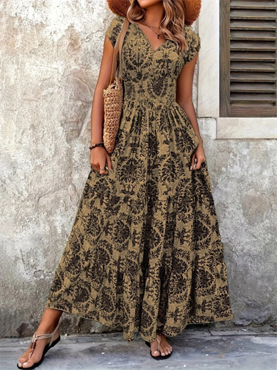 Kadın Kısa Kollu Kruvaze Yaka Beli Lastikli Süprem Maksi Boy Elbise