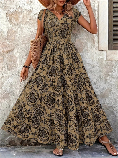 Kadın Kısa Kollu Kruvaze Yaka Beli Lastikli Süprem Maksi Boy Elbise