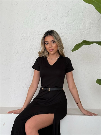 Kadın Kısa Kollu V Yaka Maxi Boy Elbise 124 Cm