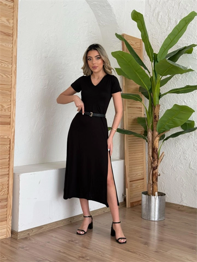 Kadın Kısa Kollu V Yaka Maxi Boy Elbise 124 Cm