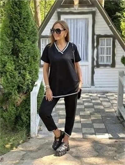 Kadın Kısa Kollu V Yakalı Iki Iplik Bluz Ve Pantolon Ikili Takım