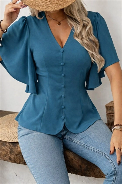 Kadın Kısa Kollu önden Düğmeli Ithal Krep Bluz