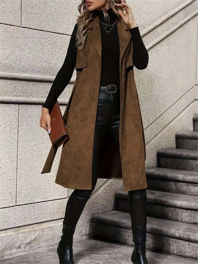 Kadın Kolsuz Yakalı önü Açık Belden Kuşaklı Süet Midi Yelek
