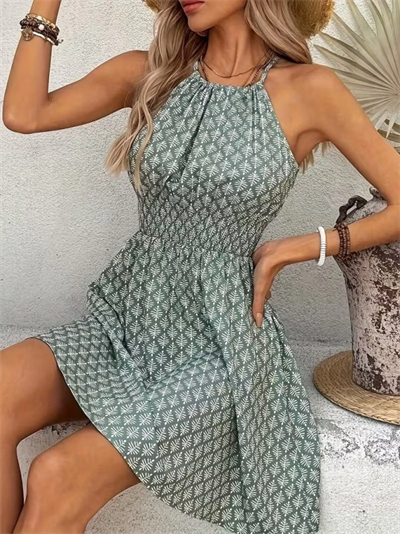 Kadın Omuzlardan Açık Boyun Arkasından Bağcıklı Beli Lastikli Kısa Süprem Elbise