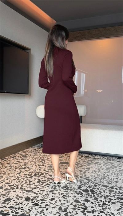 Kadın Uzun Kollu Balıkçı Yaka önden Fermuarlı Yırtmaçlı Midi Viskon Iki Iplik Elbise
