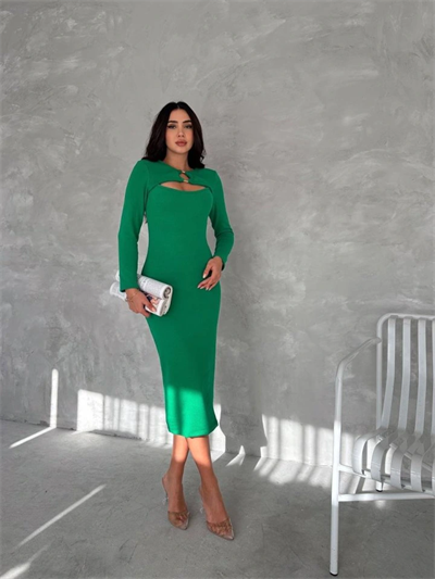 Kadın Uzun Kollu Halka Ve Pencere Dekolte Detay Fırsat ürün Midi Boy Elbise