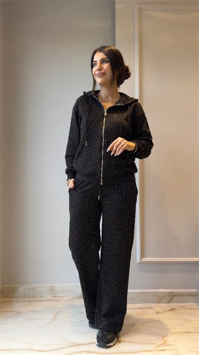 Kadın Uzun Kollu Kapşonlu Fermuarlı Taşlı önü Fermuarlı Viskon Iki Iplik Bluz Ve Eşofman Altı Ikili Takım