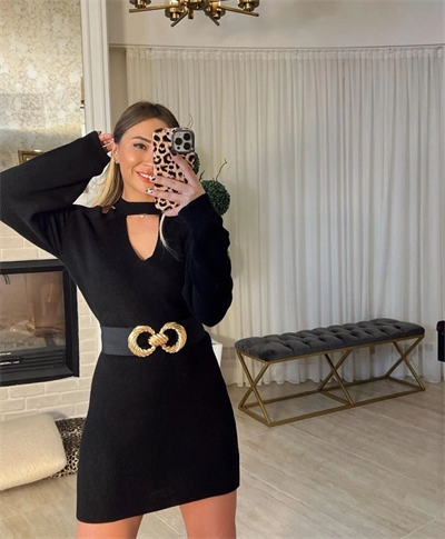 Kadın Uzun Kollu Omuzları Açık Boyundan şerit Detay Kaşkorse Elbise