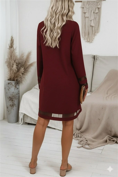 Kadın Uzun Kollu V Yakalı Tül şerit Detaylı Mini Krep Elbise
