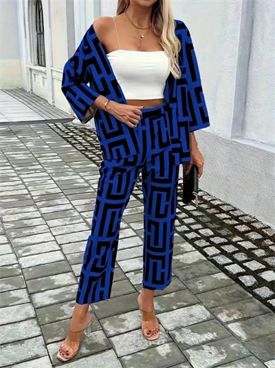Kadın Uzun Kollu önü Açık Desenli Iki Iplik Ceket Ve Pantolon Ikili Takım