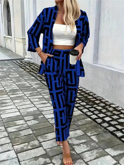 Kadın Uzun Kollu önü Açık Desenli Iki Iplik Ceket Ve Pantolon Ikili Takım