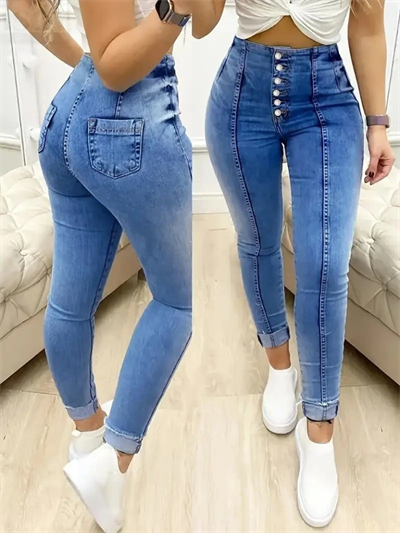 Kadın Yüksek Bel önden Düğmeli Jean Pantolon