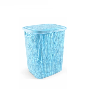 Kirli Çamaşır Sepeti Kapaklı 65 LT Örgü Desenli Plastik Çamaşır Sepeti Banyo Sepeti - Mavi