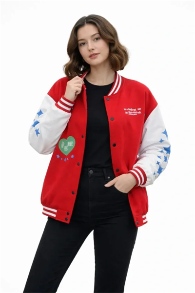Kırmızı Varsity Çıtçıtlı Baskılı Oversize Kalıp Kolej Ceket - Kırmızı