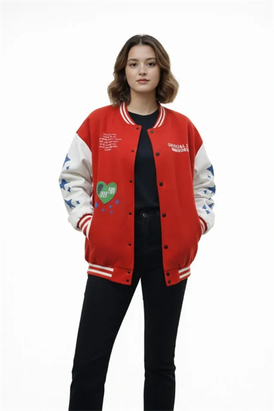 Kırmızı Varsity Çıtçıtlı Baskılı Oversize Kalıp Kolej Ceket - Kırmızı