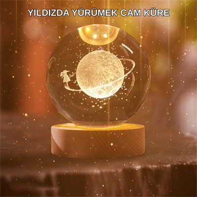 Kız Figürlü Sarı Cam Küre Işıklı Büyük Boy Ahşap Standlı Dekor