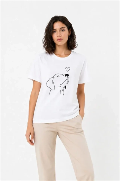 Köpek Figürlü Minimal Baskılı Tişört Kısa Kol Yazlık T-Shirt - Beyaz