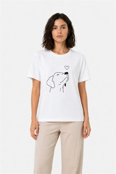 Köpek Figürlü Minimal Baskılı Tişört Kısa Kol Yazlık T-Shirt - Beyaz