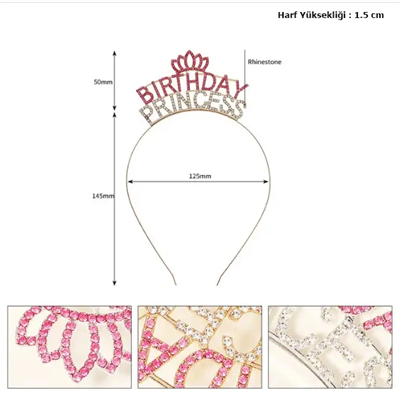 Kristal Taşlı Birthday Princess Yazılı Parti Tacı Pembe Renk