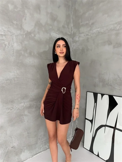 Kruvaze Drapeli Tokalı Mini Elbise Şık Gece Davet Abiye - Kahverengi