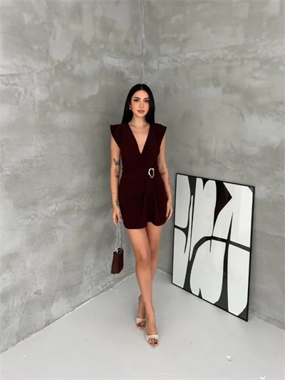 Kruvaze Drapeli Tokalı Mini Elbise Şık Gece Davet Abiye - Kahverengi