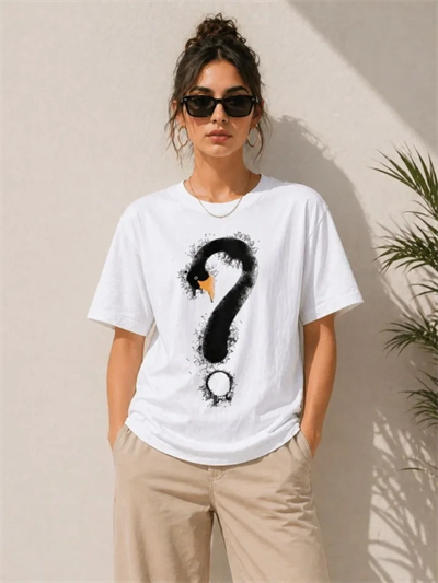 Kuğu Figürlü Soru İşareti Baskılı Tişört Kısa Kol T-Shirt - Beyaz
