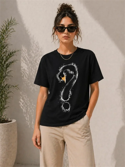 Kuğu Figürlü Soru İşareti Baskılı Tişört Kısa Kol T-Shirt - Siyah