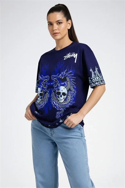 Lacivert Oversize Tişört Dragon - Kuru Kafa Baskılı Bisiklet Yaka T-Shirt - Lacivert