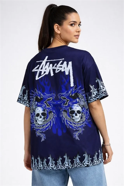 Lacivert Oversize Tişört Dragon - Kuru Kafa Baskılı Bisiklet Yaka T-Shirt - Lacivert