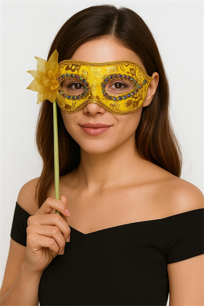 Lüks Taşlı Saplı Maskeli Balo Maskesi Altın Renk 35 cm